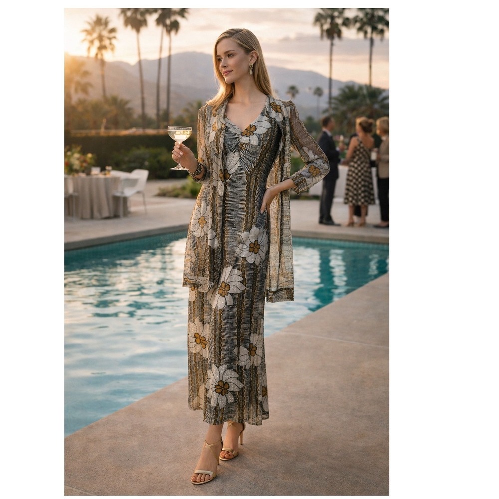 Vintage Floral Metallic Maxi Dress Vest Set Size L Womens Silver Gold Shimmer